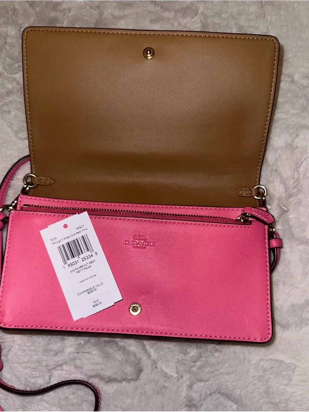 Coach Khaki Signature Canvas Crossbody with Pink Leather Strap
